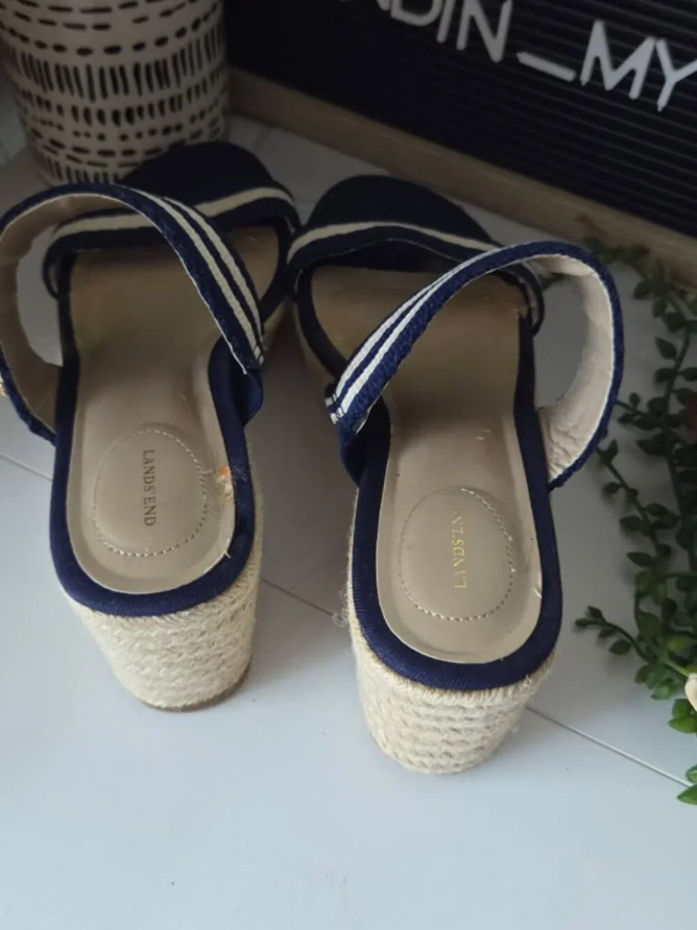 Lands End Navy/White Espadrille Slide Jute 2 Strap Wedge Sandal SZ 8